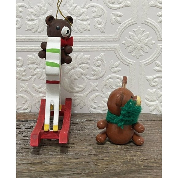Set Of 2 Teddy Bear Ornaments - Brown Wooden Wood Miniature Ornament - Picture 2 of 10